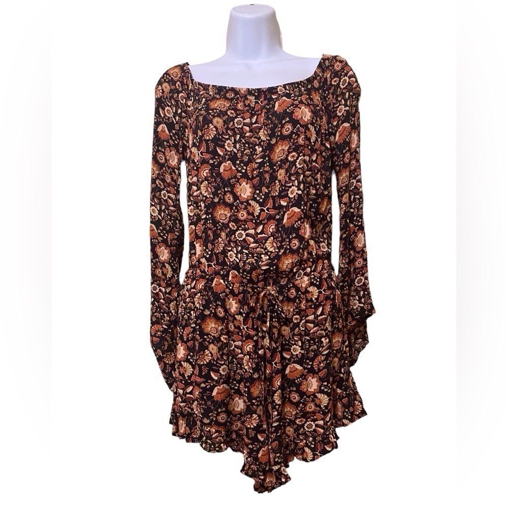Black Floral Crinkled Romper Bell Sleeve Square Neck Ruffle Hem Fairy Milkmaid